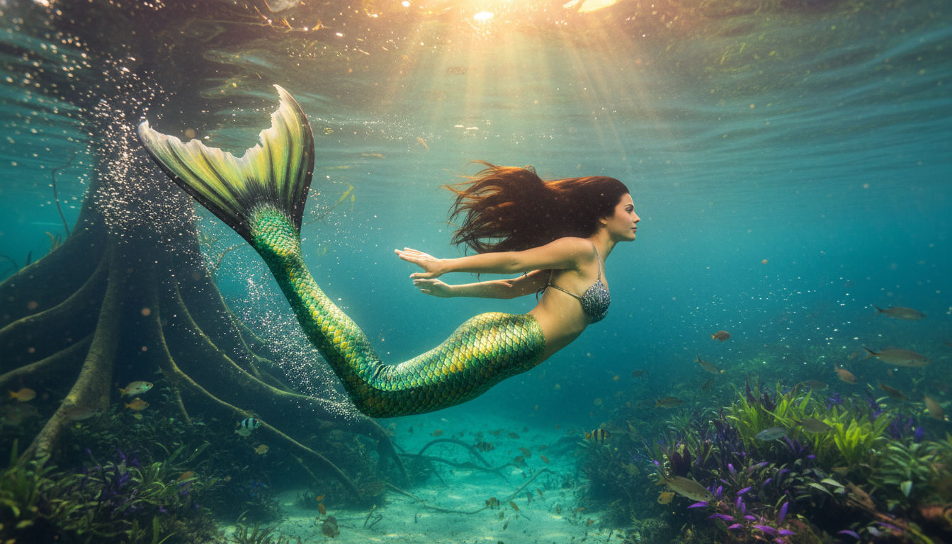 Amazonian mermaid swimming through a sunlit underwater world — from Janet Balletta's books